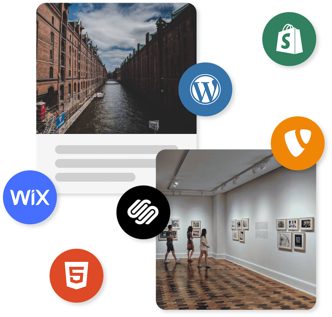 Grafische Darstellung von zwei überlappenden Bildern – eines zeigt eine Wasserstraße mit historischen Backsteingebäuden, das andere eine Kunstgalerie mit Besuchern. Um die Bilder herum schweben Icons verschiedener Website-Baukasten- und CMS-Plattformen, darunter WordPress, Shopify, Wix, Typo3, Squarespace und HTML5, was auf eine Integration oder Kompatibilität mit diesen Systemen hinweist.