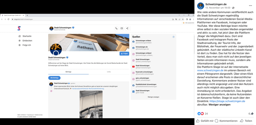 Screenshot eines Facebook-Posts der Stadt Schwetzingen mit einer Vorschau der Plattform „Stage Schwetzingen“ im Browser. Links ist die Stage-Seite mit dem Profil der Stadt Schwetzingen zu sehen, auf dem aktuelle Beiträge und Social-Media-Quellen wie Instagram, Facebook und LinkedIn gebündelt angezeigt werden. Rechts im Bild steht der Facebook-Text, der erklärt, dass die Plattform „Stage“ es ermöglicht, Social-Media-Beiträge der Stadt ohne eigenes Konto gebündelt und datenschutzkonform zu lesen.