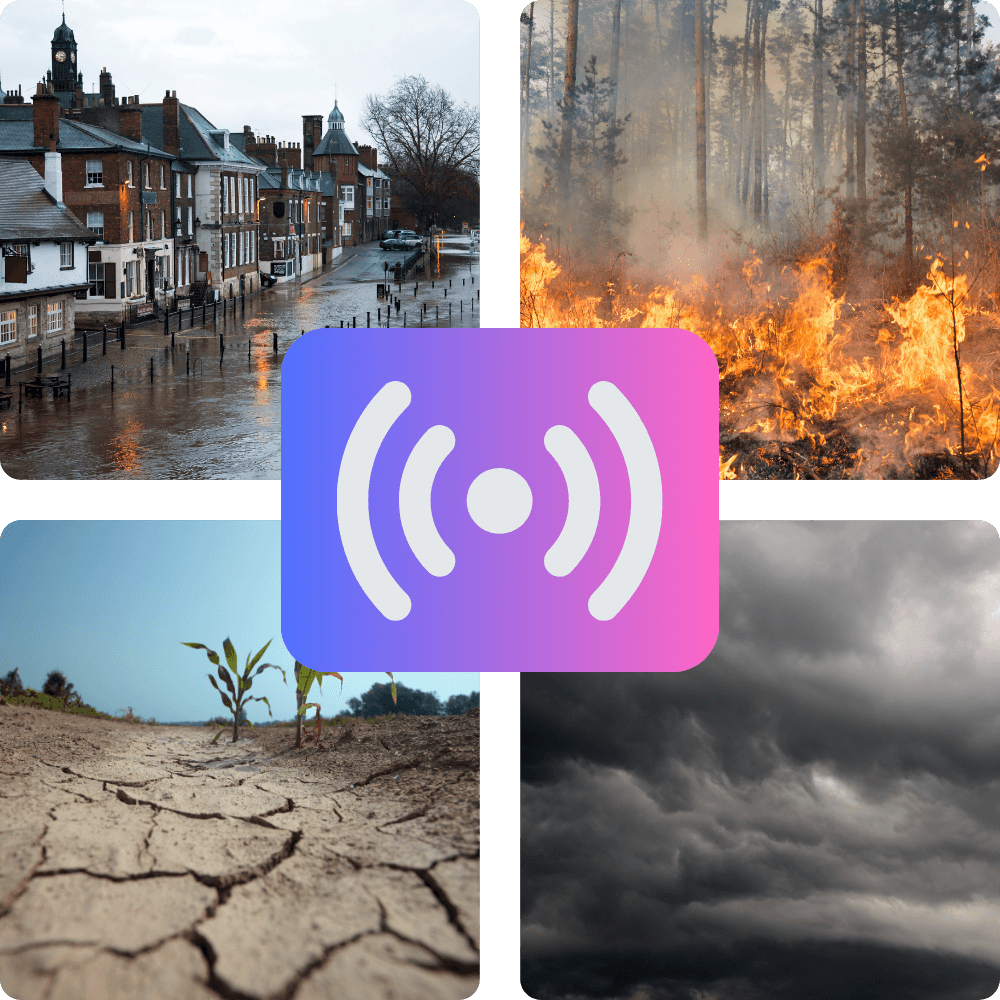 Vier Naturkatastrophen-Szenarien in einem Raster: Überschwemmung in einer Stadt, Waldbrand, ausgetrockneter und rissiger Boden mit vertrockneten Pflanzen sowie dunkle Sturmwolken. In der Mitte befindet sich ein Symbol für Funk- oder Alarmsignale auf einem violett-rosa Farbverlauf.