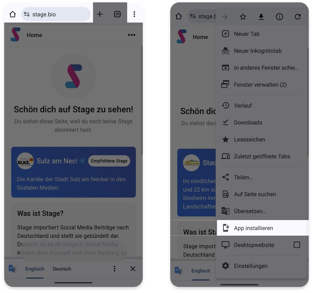 Zwei Smartphone-Screenshots zeigen die Installation der Website stage.bio als App im mobilen Chrome-Browser auf Android. Links ist die geöffnete Website zu sehen, rechts das geöffnete Menü mit der hervorgehobenen Option „App installieren“.