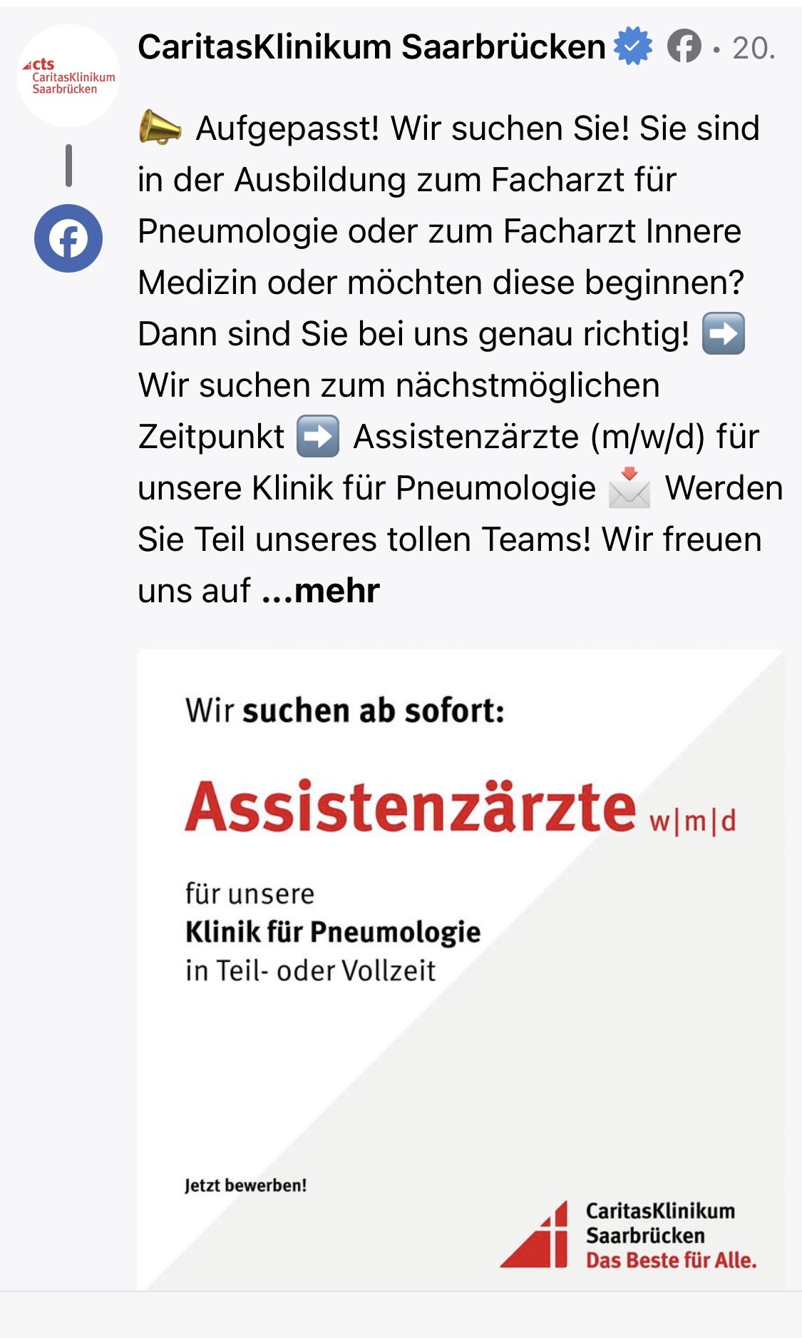Facebook-Beitrag des CaritasKlinikum Saarbrücken